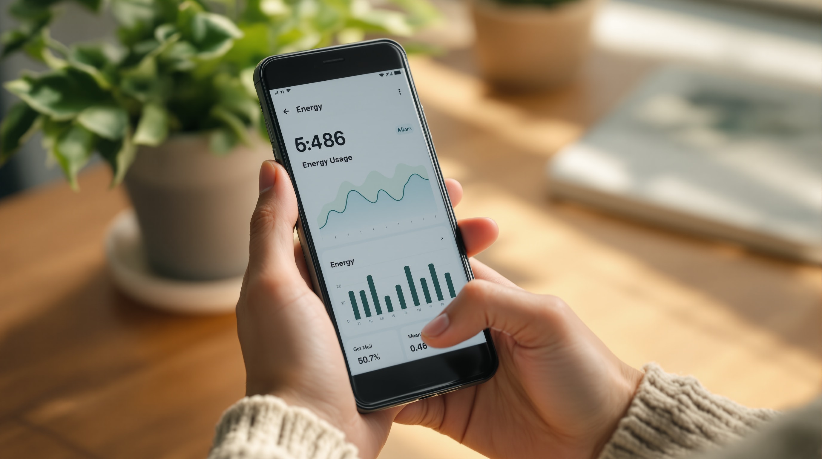 Person viewing a simple home energy usage dashboard on a phone