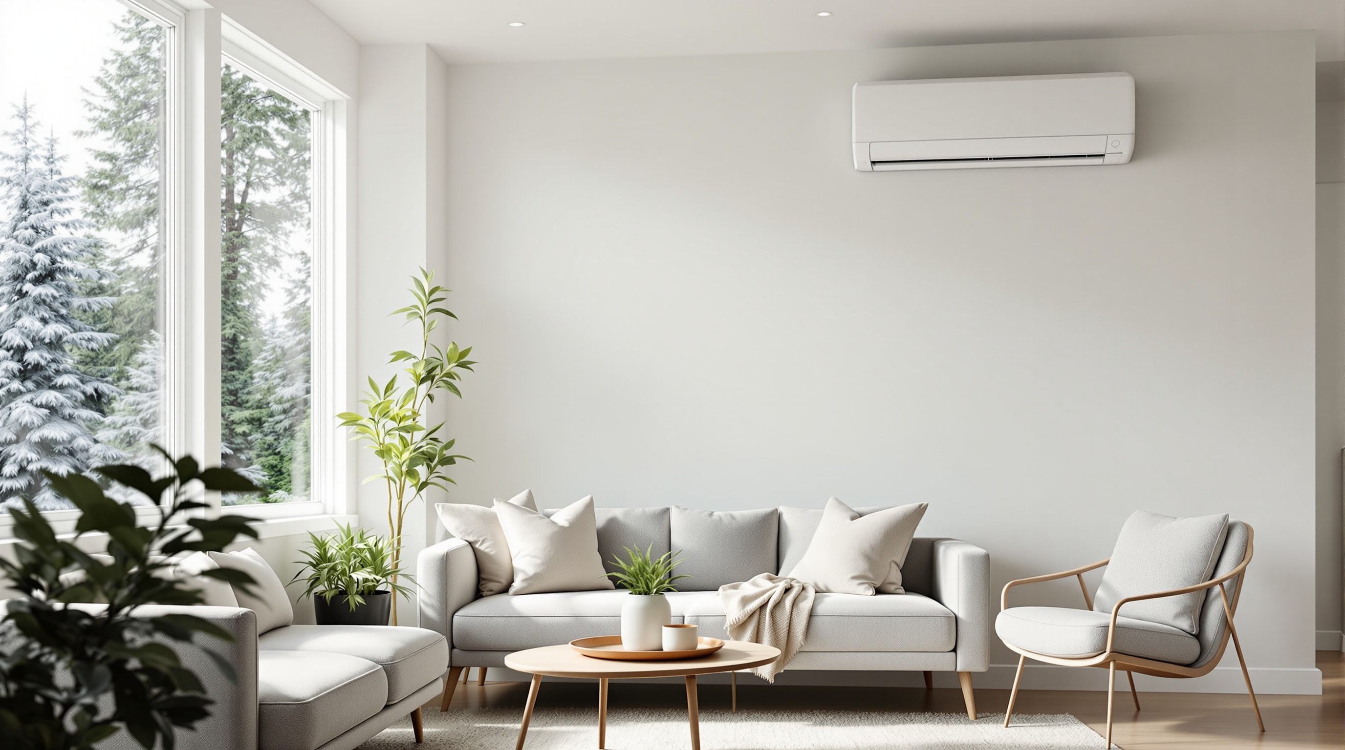 Wall-mounted ductless heat pump head in a bright Northwest living room