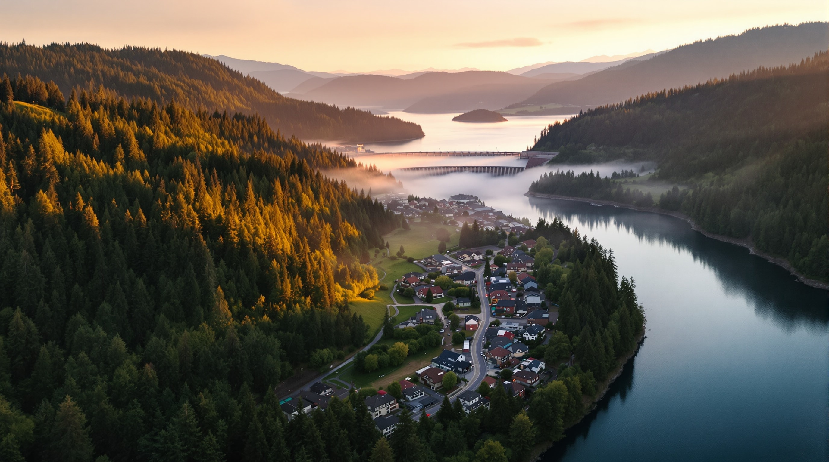 Pacific Northwest evergreen landscape with a river and hydroelectric dam at golden hour