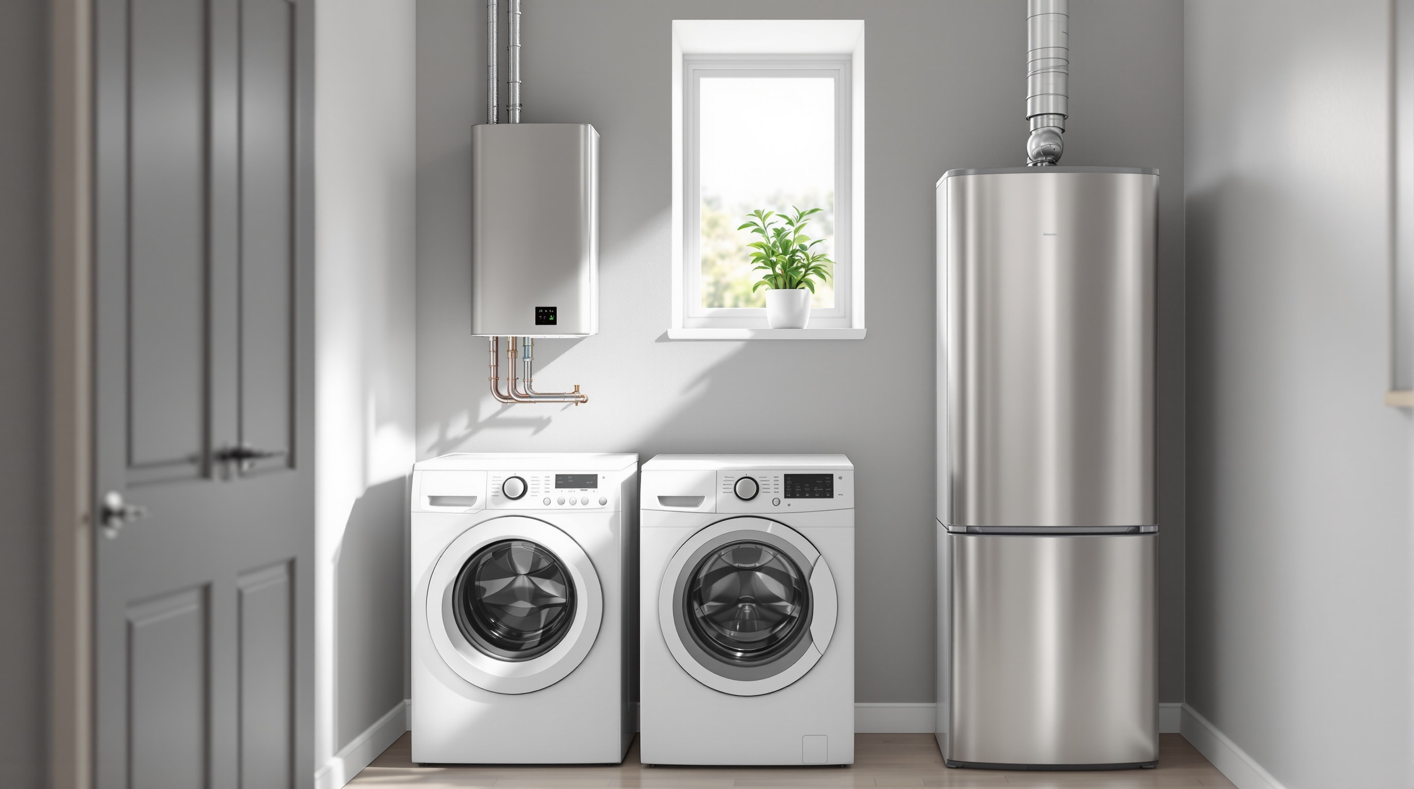 A modern heat pump water heater installed in a home utility room