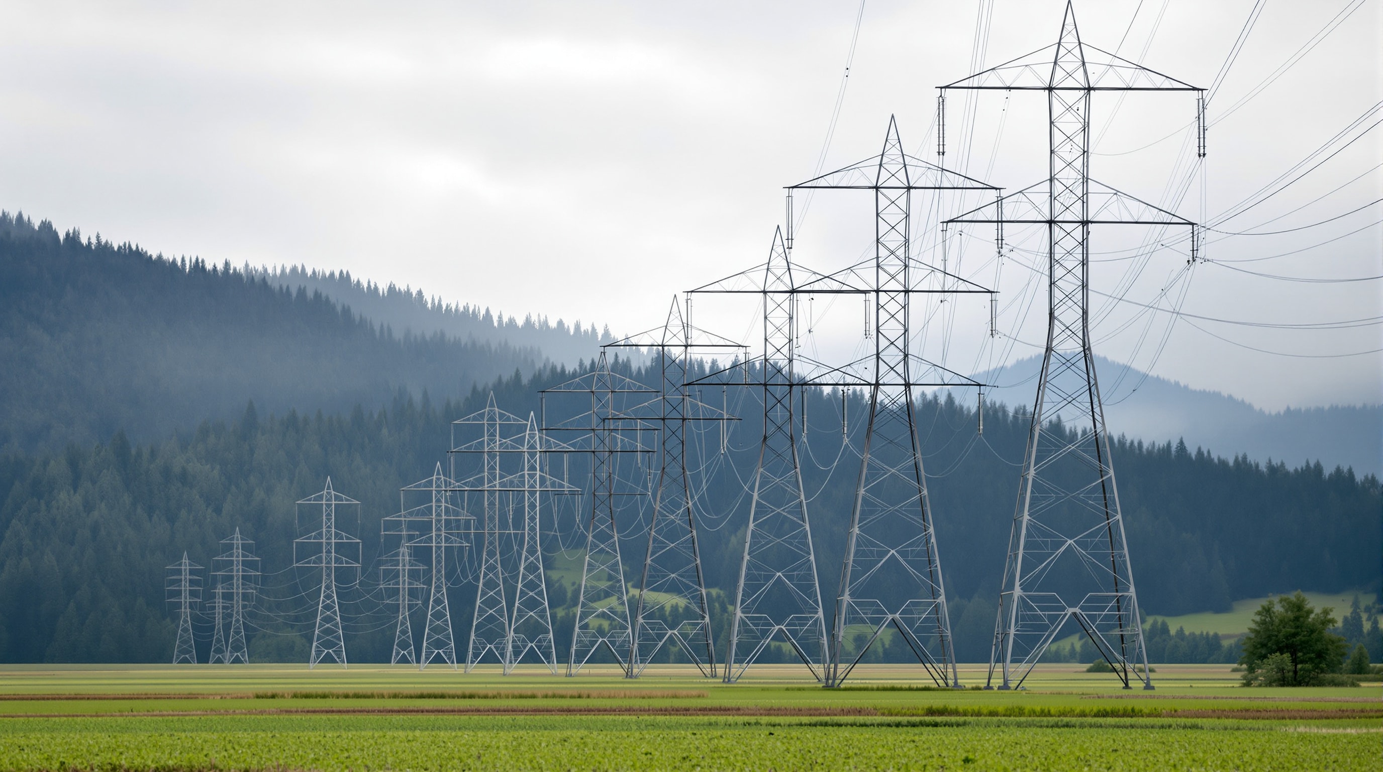 Electrical transmission towers crossing a green Northwest valley
