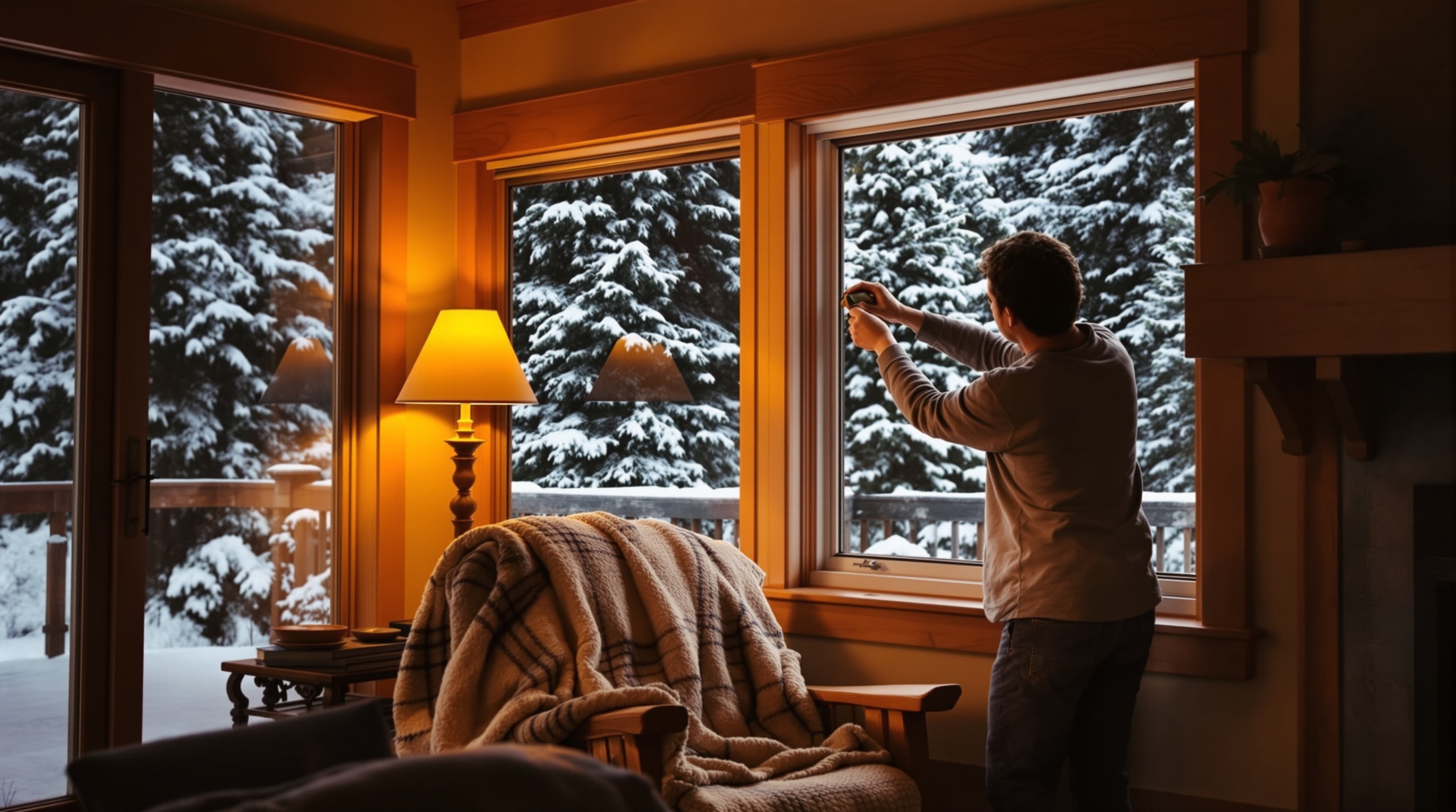 Homeowner weatherizing a window in a cozy Northwest home
