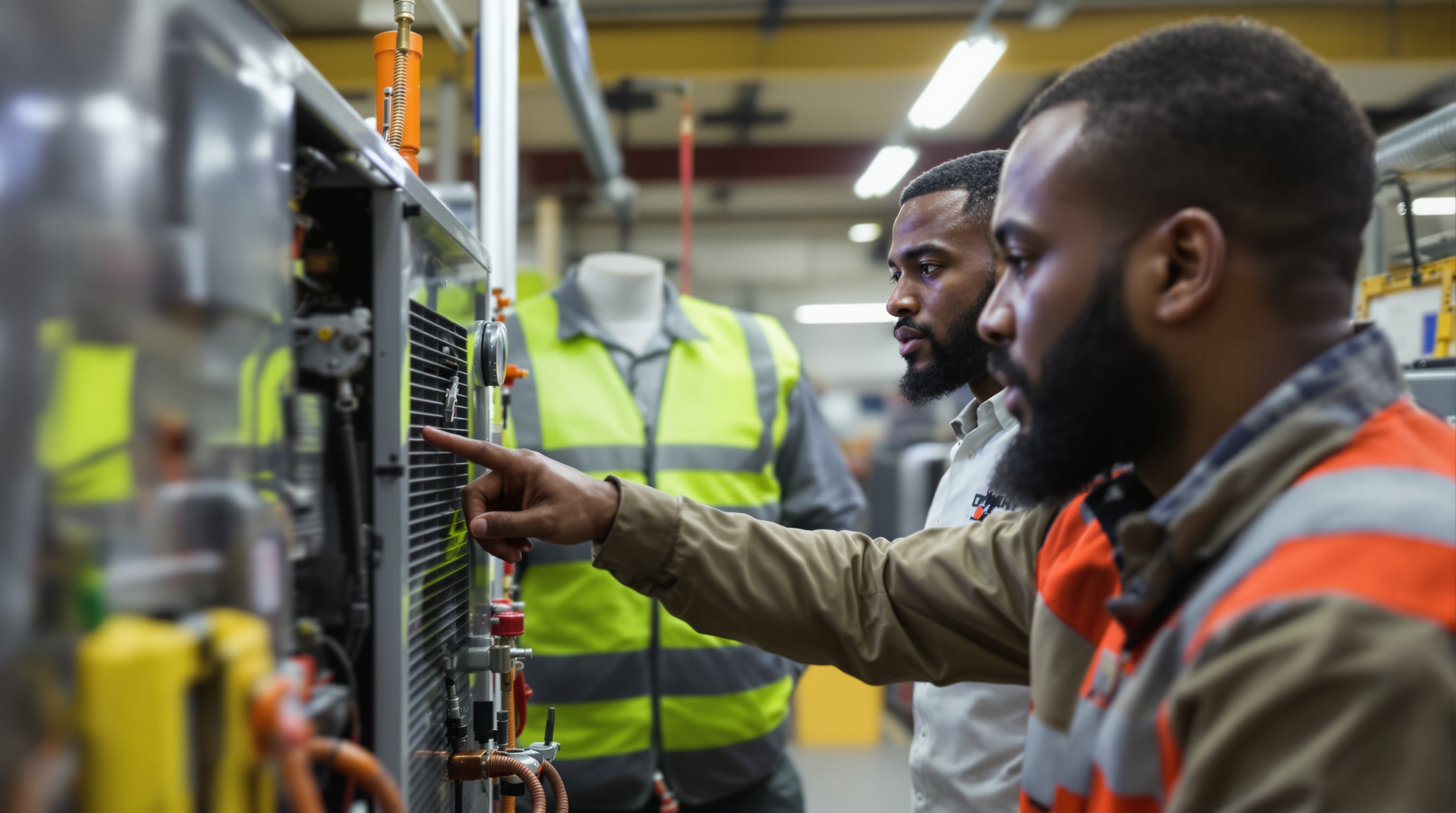 Energy technicians examining diagnostic equipment in a training workshop